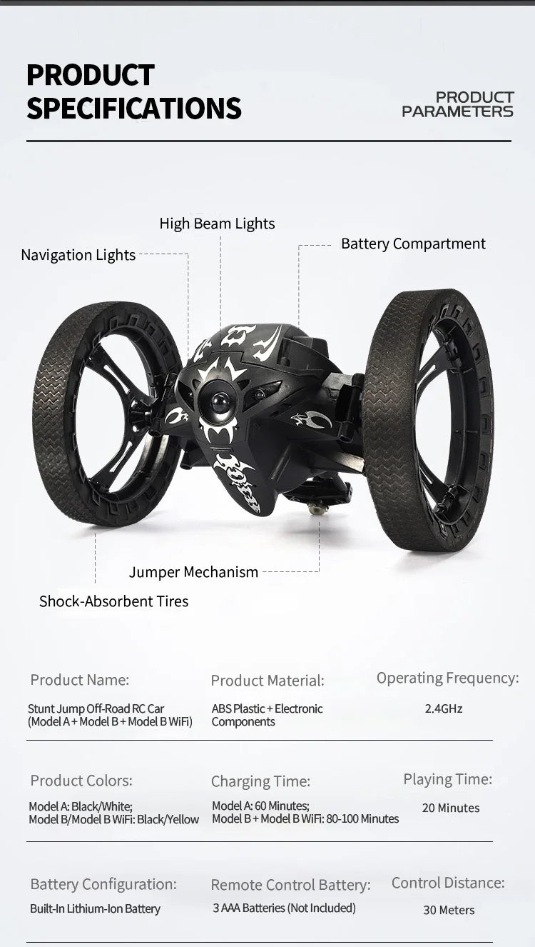 RC Stunt Car With Wifi Hd Camera Bounce Car Flexible Wheels Rotation Led Light Remote Control Jumping Vehicle Toy Gift Q207