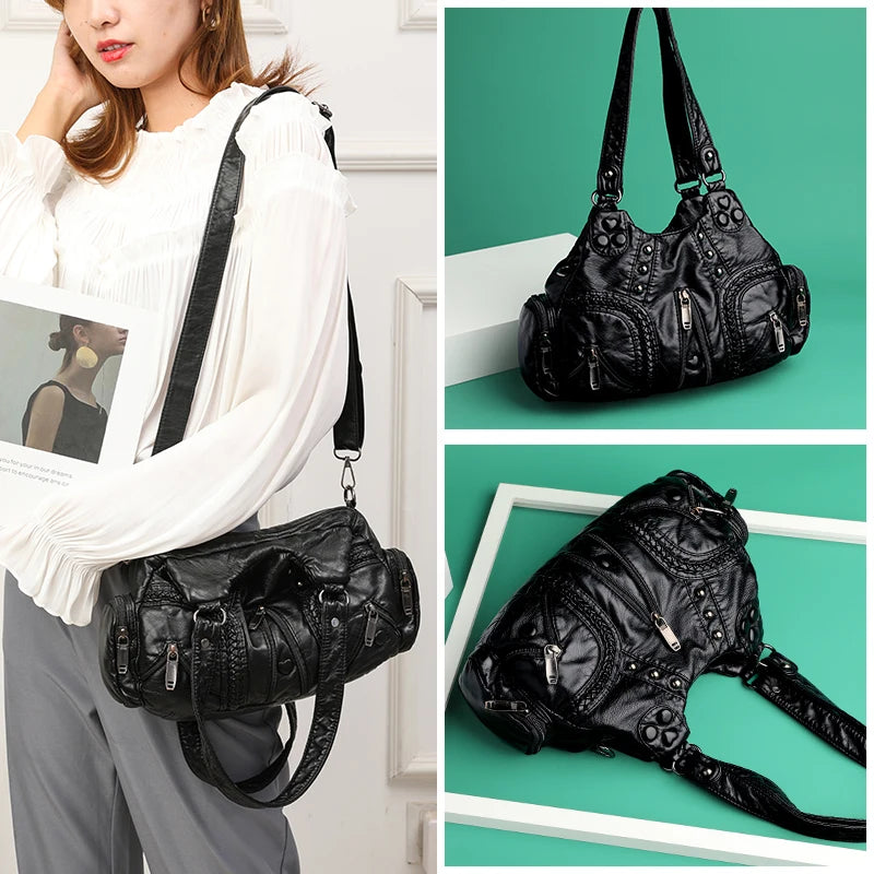 Y2k Women Shoulder Bag Vintage Punk Goth Fashion Designer Leather Tote Bag Large Capacity Rivet Motorcycle Handbag