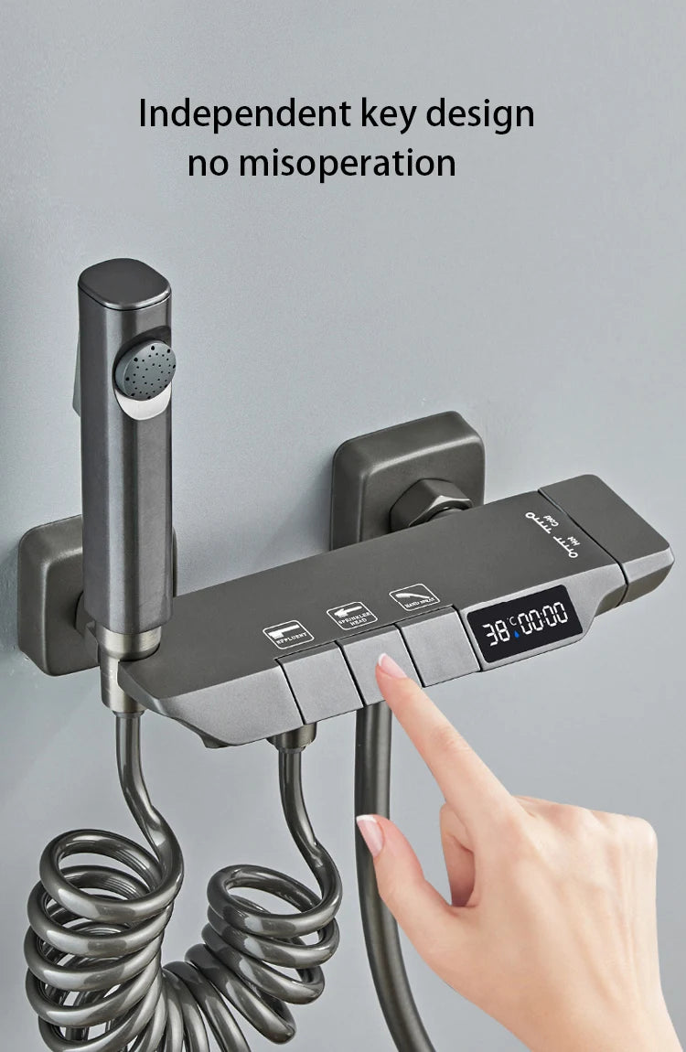 Modern Shower System Full Set Grey 2 Way Piano Keys Bathroom Shower Set Wall Mounted Brass Bathtub Digital Display Shower Faucet