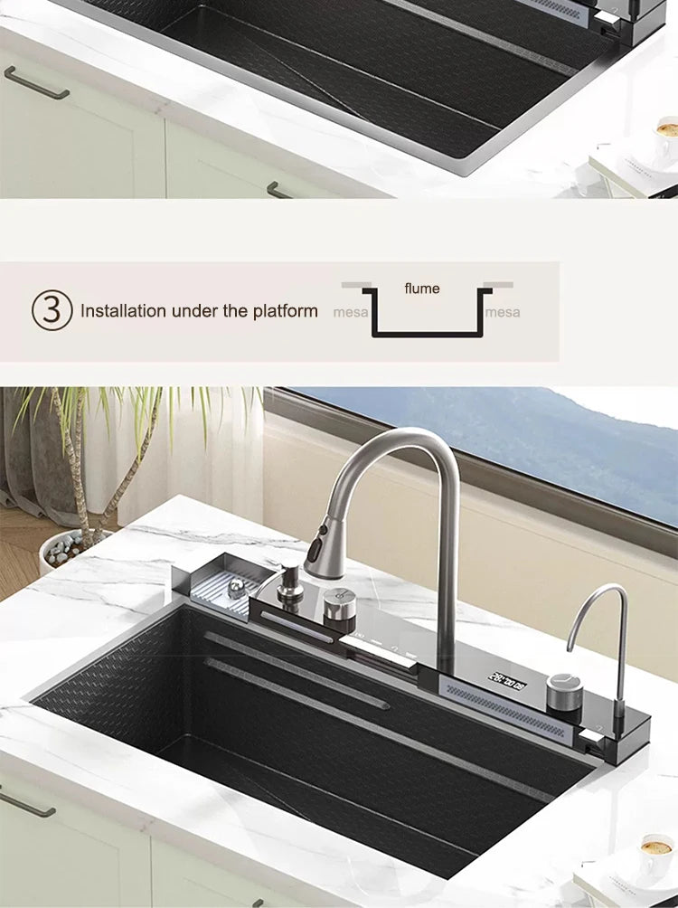 Kitchen Sink Stainless Steel Waterfall Sinks Extra Large Single Slot with Digital Display Faucet Set For kitchen
