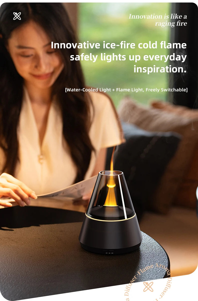Candle Flame Ultrasonic Air Humidifier with 7-color Flame Ambient Light 3-level Timed Essential Oil Aroma Diffuser for Home Gift