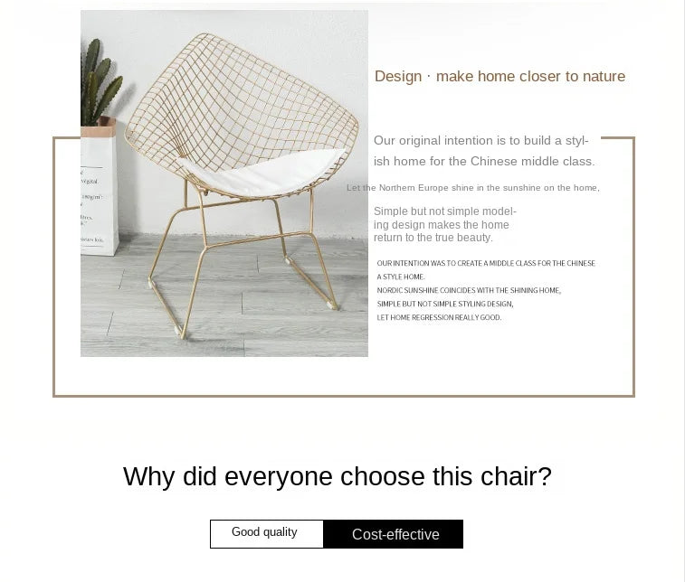 Wrought Iron Nordic Chair Net Red Backrest Dining Chair Simple Makeup Chair Golden Metal Hollow Wire Chair Living Room Furniture