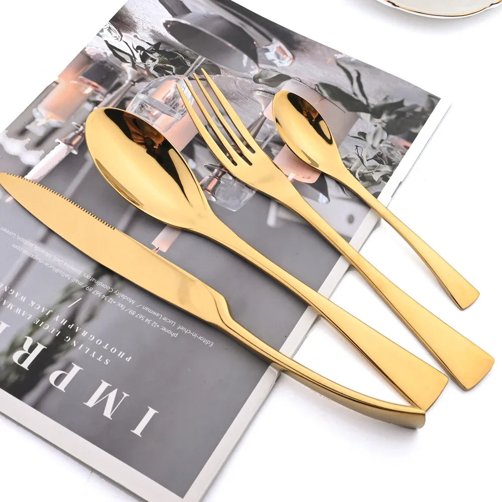 24Pcs/Set  Cutlery Sets 304 Stainless Steel mirror Tableware Knife Forks Spoons Silverware Dinnerware Kitchen Flatware Gift Box