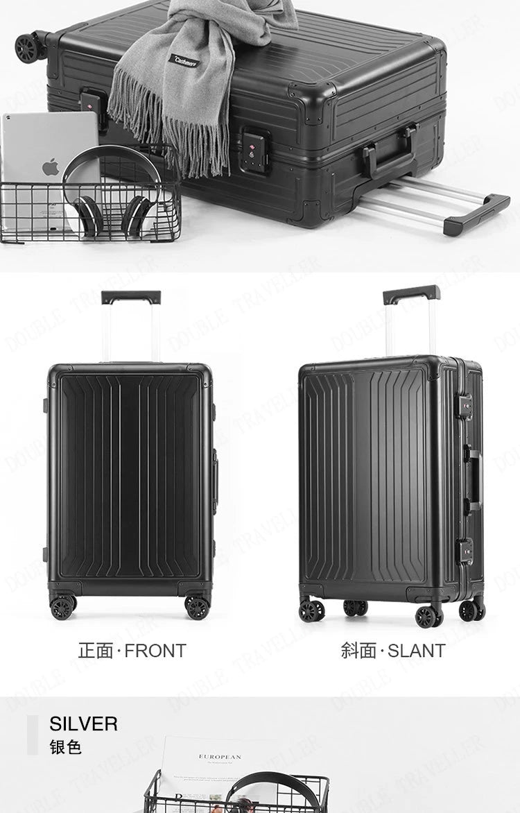 2025 All aluminum travel suitcase on wheels combination lock rolling luggage case Men's Business large size luggage Hand luggage
