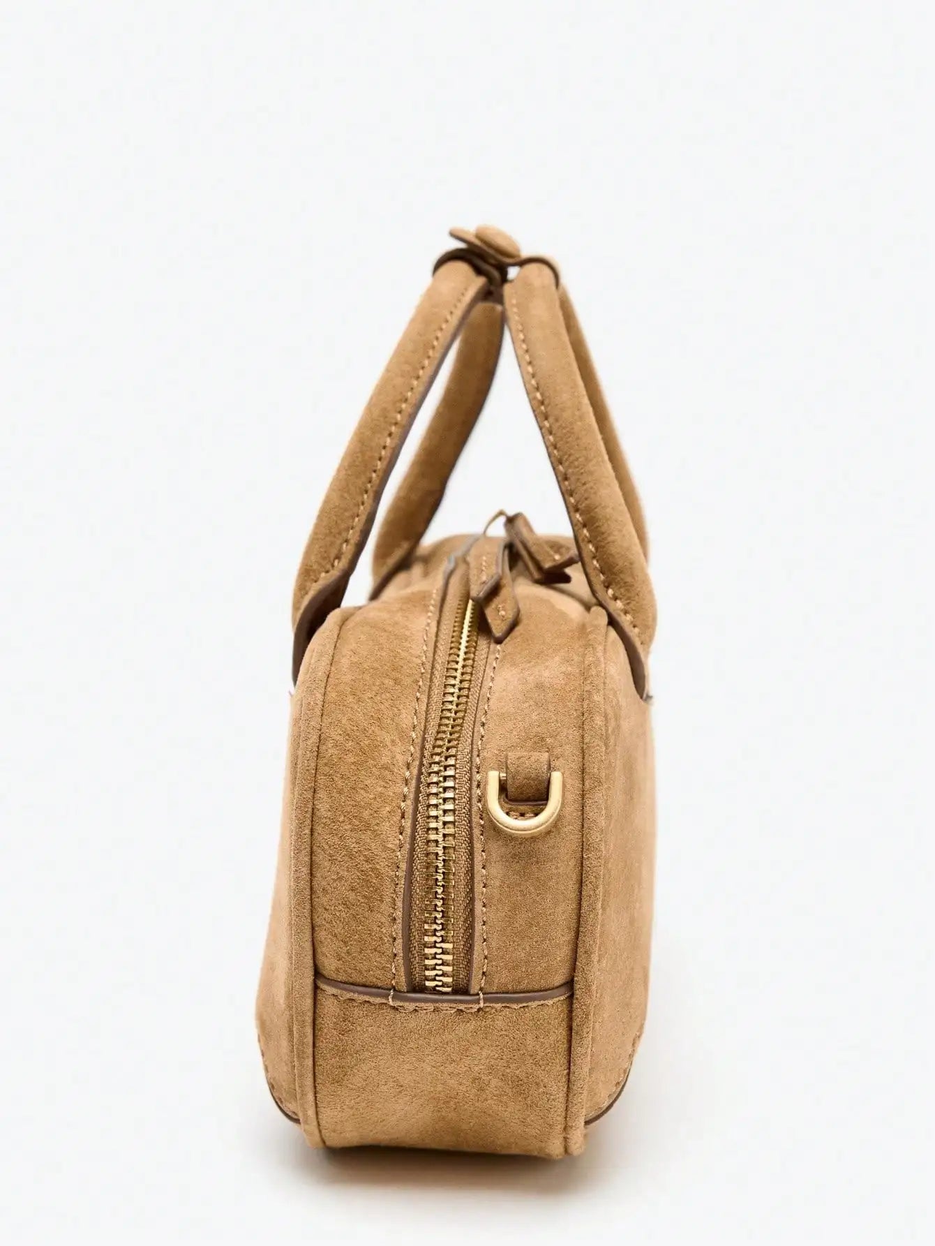 Women small double handle suded Boston bag 2025 autumn winter new camel color with strap crossbody