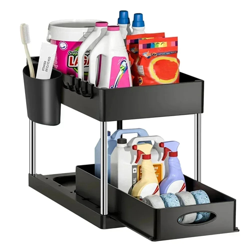 Two-tier Pull-out Sink Base Storage Cabinet with Sliding Baskets and Hooks, Suitable for Bathroom and Kitchen Storage
