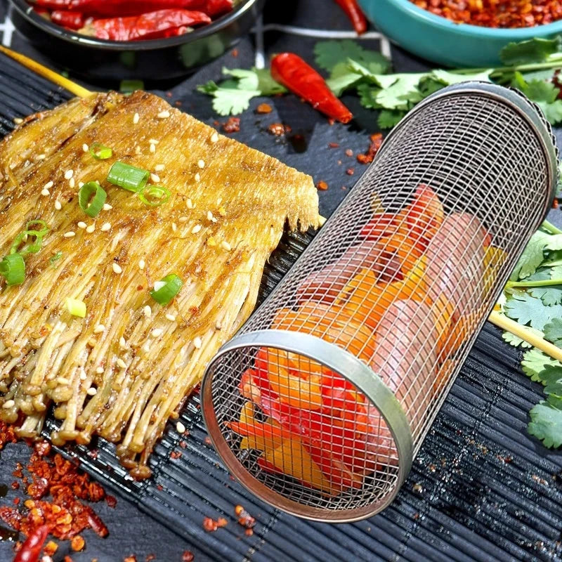 Rolling Bbq Basket- Greatest Grilling Basket Ever, Round Stainless Steel Grill Mesh, Camping Barbecue Rack For Vegetables,Fish