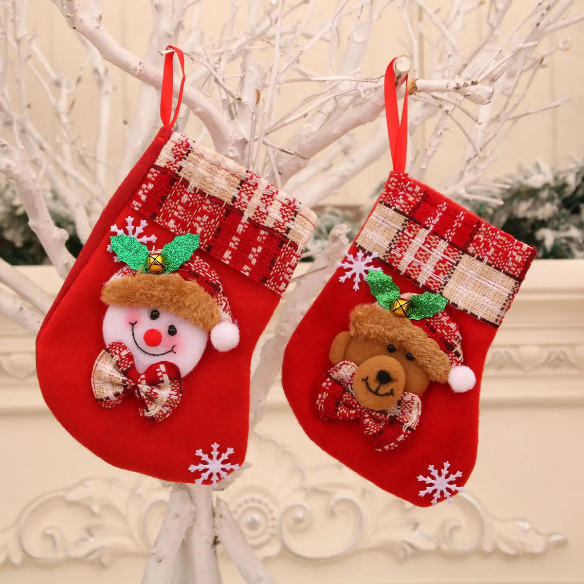 4PCS Red Christmas Stocking Brown Plaid Sock Mouth Santa Claus Snowman Reindeer Bear Doll Christmas Stocking New Year Home Decor