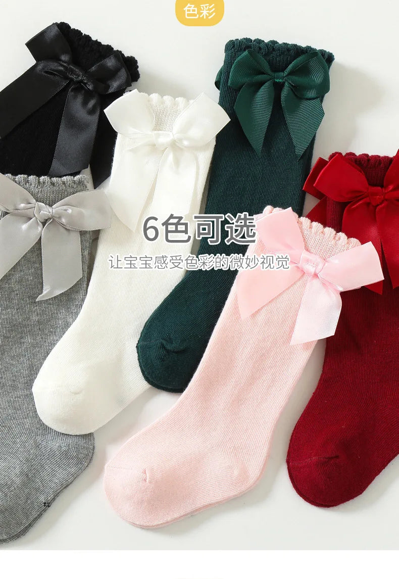 Baby Girls Bow Knee High Socks Cute Kids Girl Student Princess Sock Children Solid Color Cotton Socks Infant Newborn Clothing