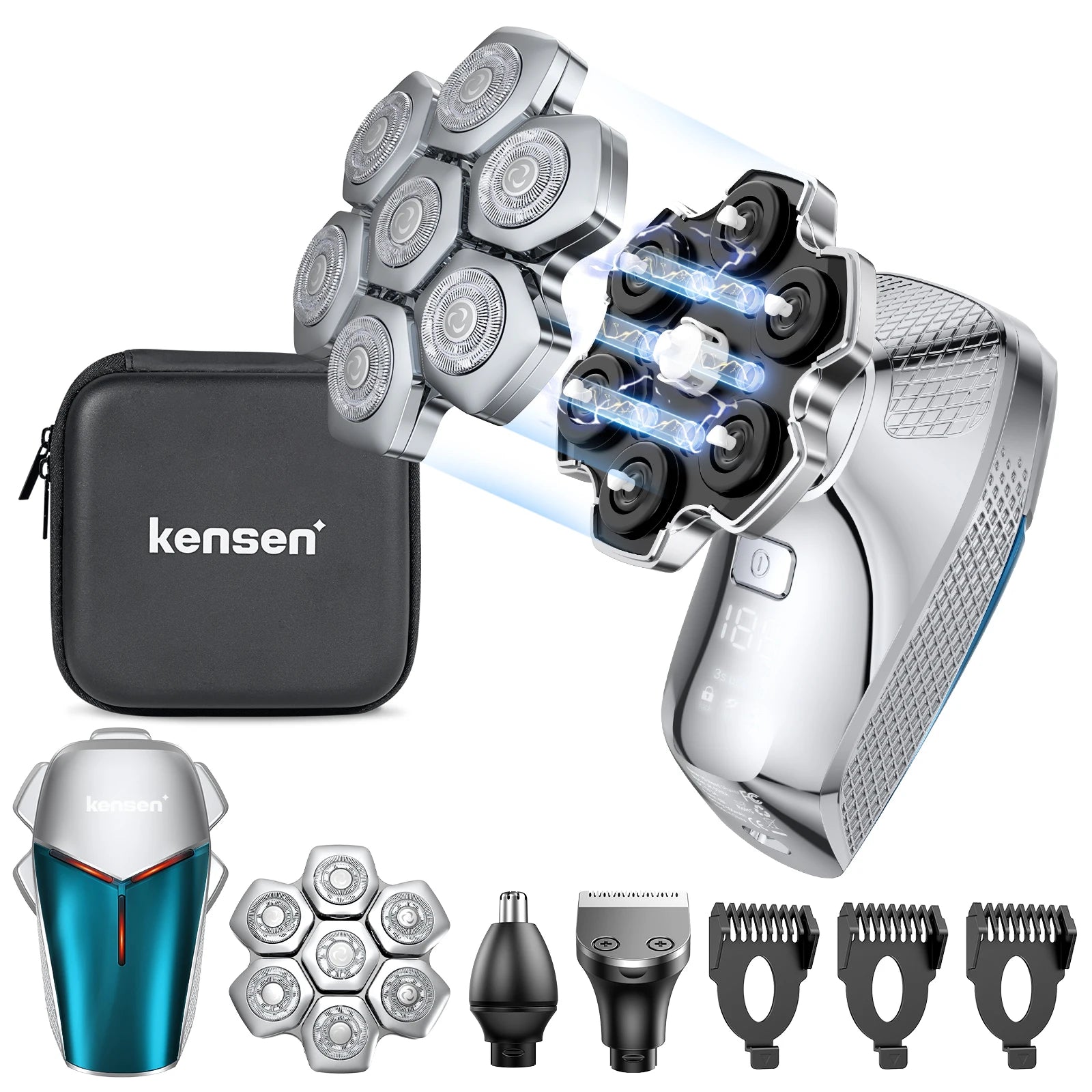 Kensen S18 Electric Head Shaver for Men Rechargeable 7D Floating Cutter Magnetic 5 in 1 Shaver Hair Trimmer Clipper Head Razors