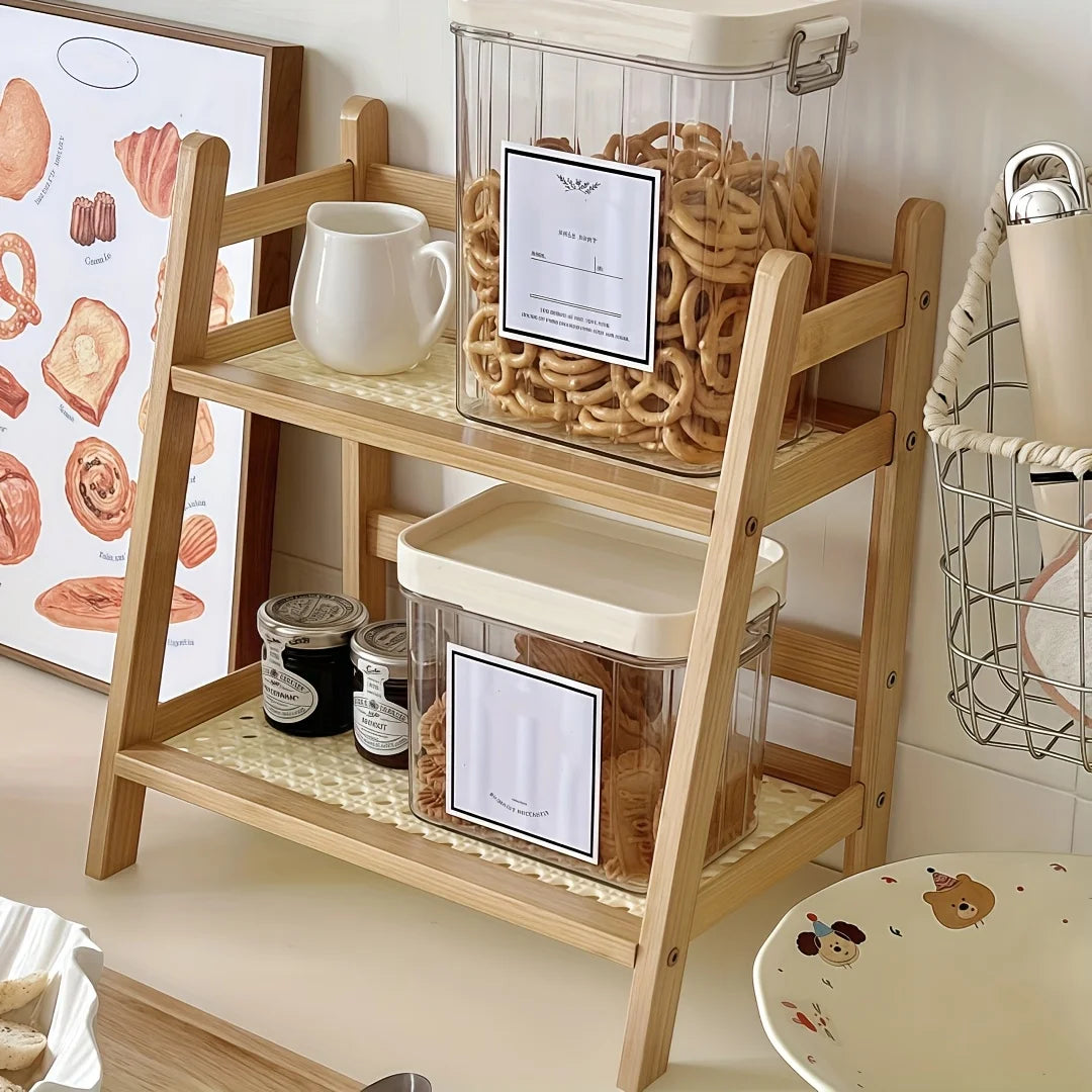 2-Tier Bamboo Shelf, Bohemian Wood Finish. Perfect for Mugs, Plants, Cosmetics & More. Save Space, Stylish Storage!