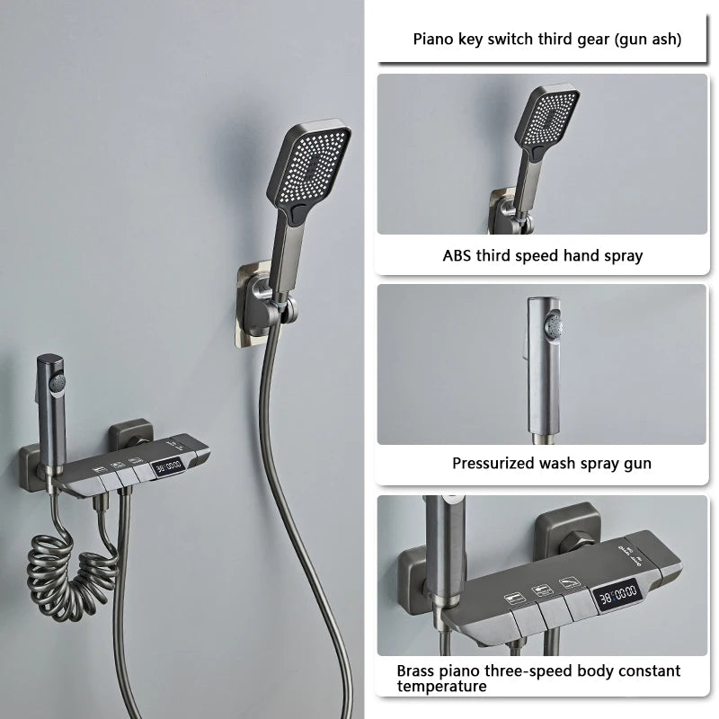 Modern Shower System Full Set Grey 2 Way Piano Keys Bathroom Shower Set Wall Mounted Brass Bathtub Digital Display Shower Faucet