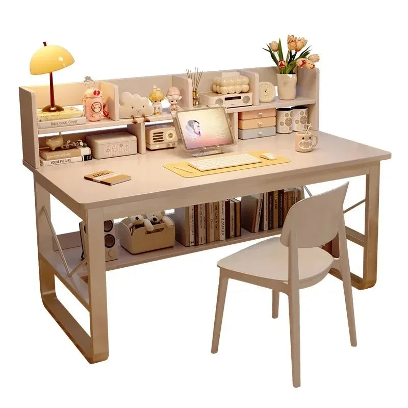 Solid Wood Computer Desk Household Desk Bookshelf Integrated Student Learning Desk Rental House Simple Office Table and Chair