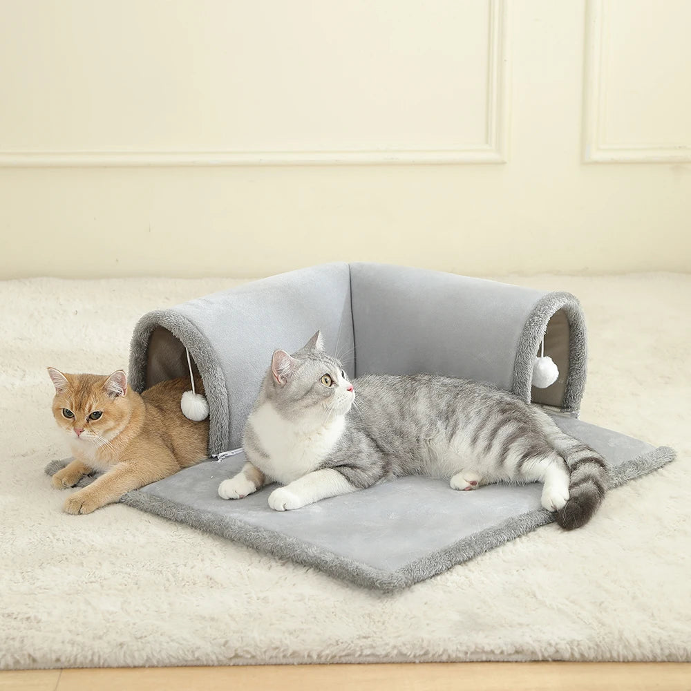 Cozy Cat Bed with Tunnel for Indoor Cats Multifunctional Cat Activities Tunnel Bed with hanging balls Cat Bed with Tunnel