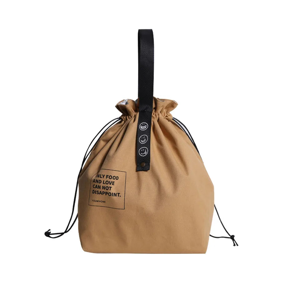 Portable Insulated Canvas Lunch Bag with Drawstring Closure Folding Bento Bag Cooler Tote Bag for Work School Picnic Camping