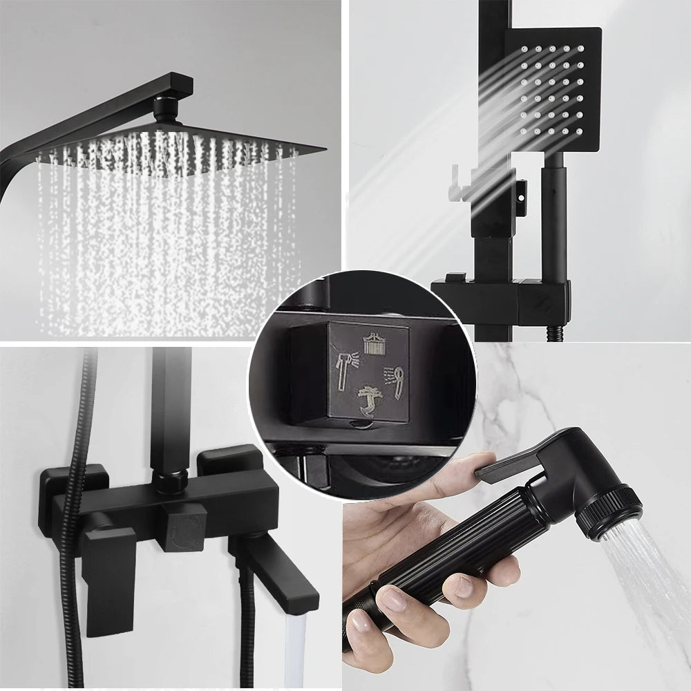KEMAIDI Rainfall Bathroom Shower Faucet Set With Rack Shelf Bathtub Mixer Tap Black Wall Mounted Brass Bath Cabin System