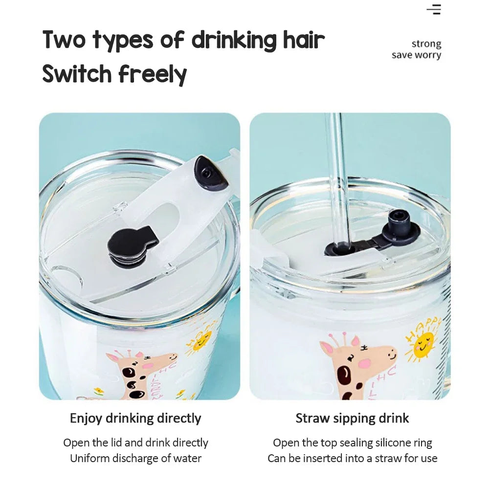 350ml Cute Unicorn Children Milk Cup With Scale Transparent Breakfast Cup With Straw Lid Cartoon Glass Cup For Kids Drinkware