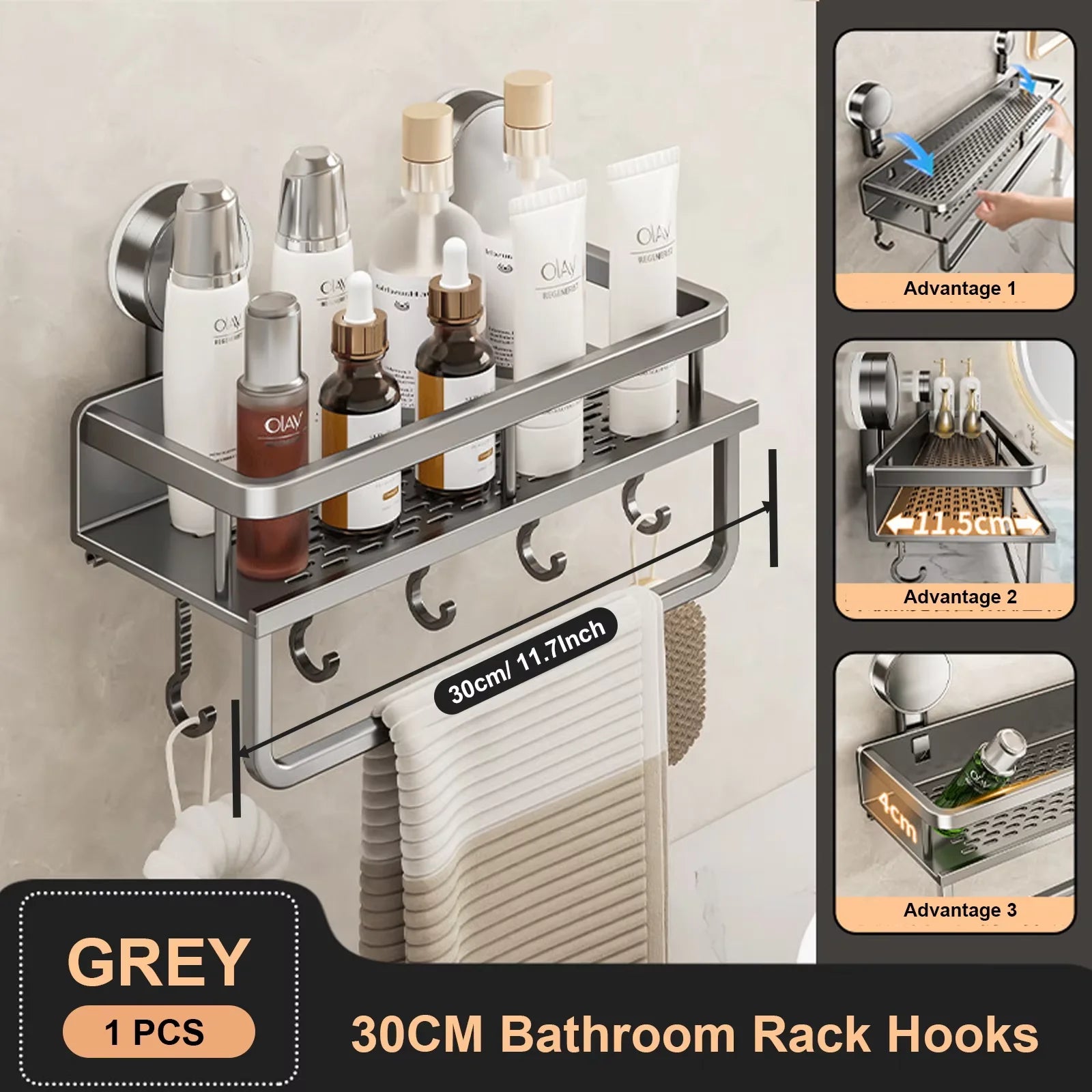 Space Aluminum Suction Cup Bathroom Rack No-punch Wall Mount Shower Storage Shelf Large Capacity Strong Load-bearing