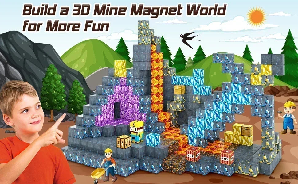 Magnetic Building Blocks Mine World Magnet Cube Set for Boy Girl Kid Age 3+ DIY Model Children Stem STEM Sensory Toy Gift