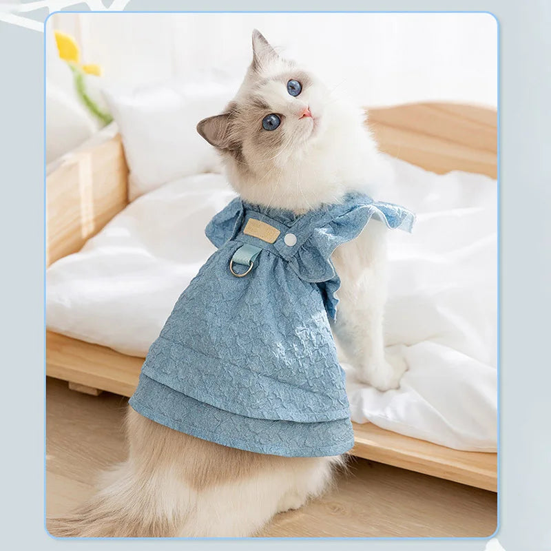 Denim Dog Dresses for Small Dogs Puppy Girl Clothes with Leash Ring Flying Sleeves Summer Cat Apparel Blue Chihuahua Outfits