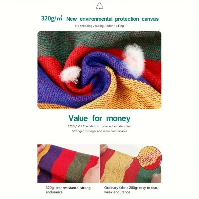 200KG Capacity Stripes Canvas Hammock Chair Thick for Garden Swing Seat Patio Camping Beach Dormitory Leisure with Storage Bag