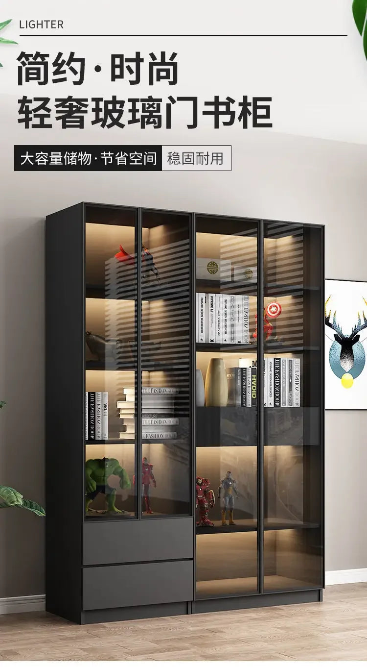 Modern Dust-Proof Bookcase with Glass Door Display Cabinet Modern Luxury Customized Home Living Room Integrated Bookshelf