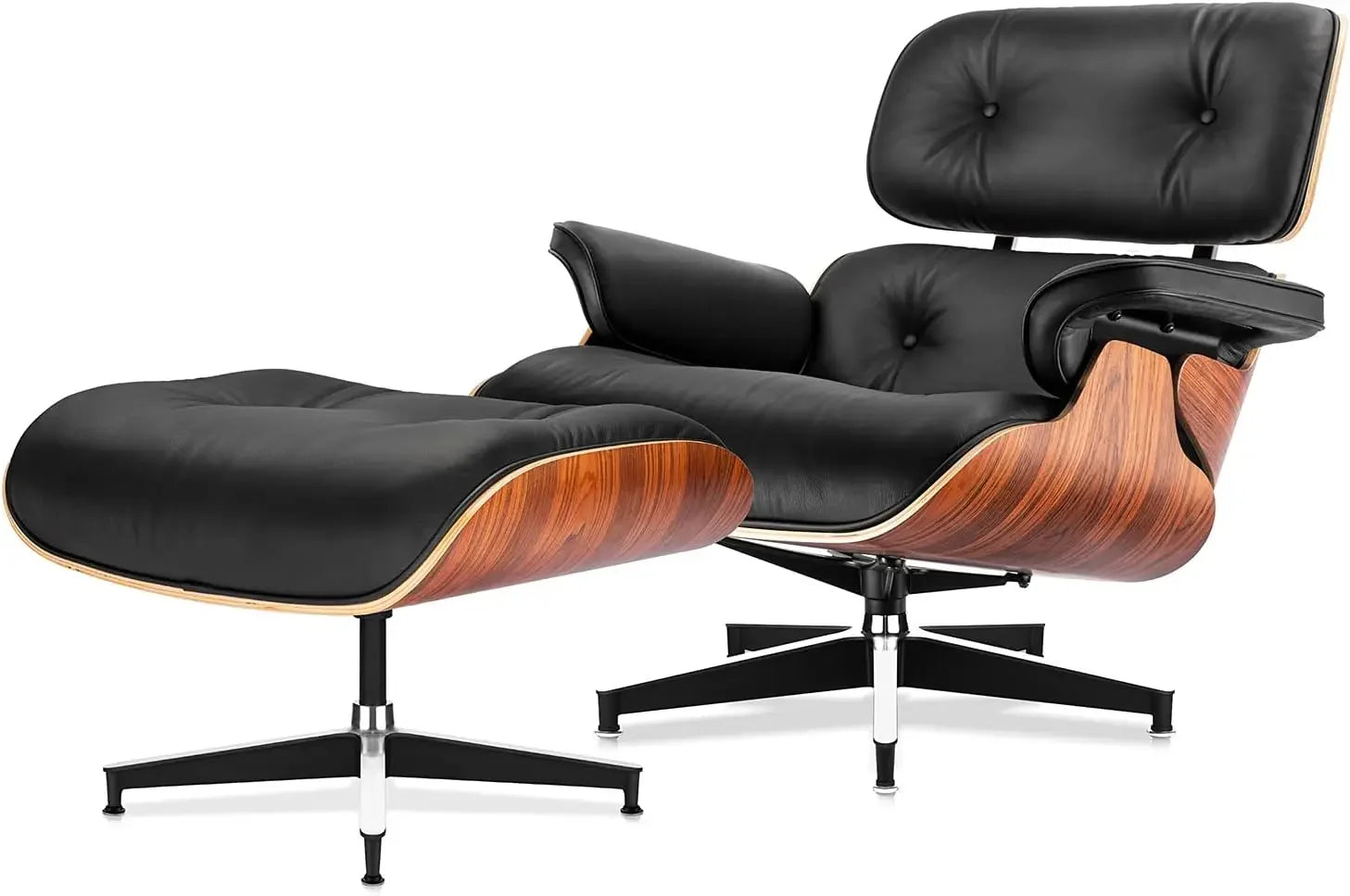 Chaise Lounge Chair with Ottoman Genuine Leather High-Resilience Foam Cushions Mid Century Modern Ergonomic Design