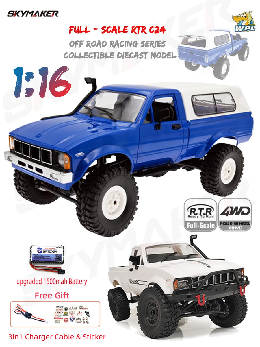 WPL C24-1 Full Scale RC Car 1:16 2.4G 4WD Rock Crawler Electric Buggy Climbing Truck LED Light On-road 1/16 For Kids Gifts Toys
