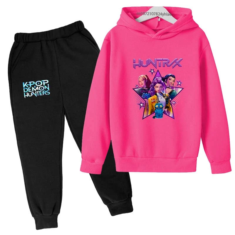 Kpop Demon Hunters Hot Cartoon Print Kids Autumn Spring Casual 2pcs Hoodie+Pants Tracksuits 2-13 Years Boys Girls Clothes Sets