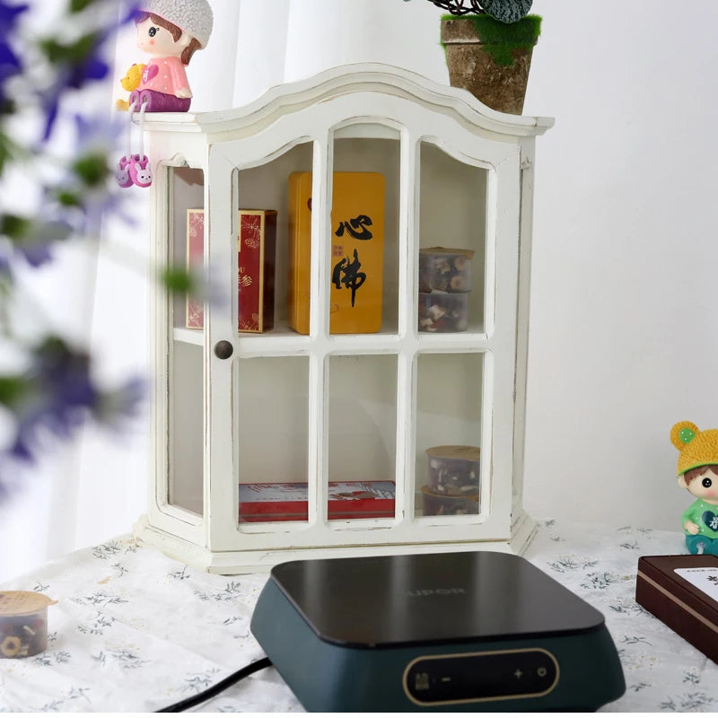 ‌Rustic Farmhouse Display Cabinet with Glass Doors Distressed White Solid Wood Storage Organizer for Kitchen/Office Vintage