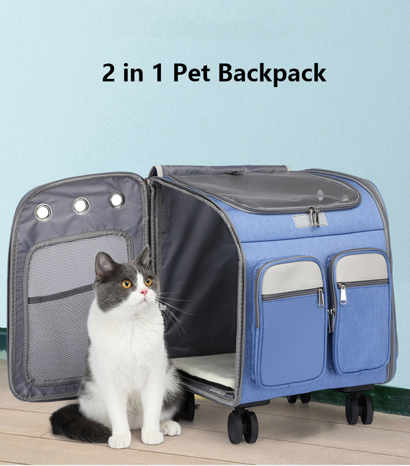 2 In 1 Large Pet Backpack Cat Stroller Pet Carrier with Wheels Portable Foldable Tie-Rod Pet Bag Cat and Dog Travel Carrier Bag