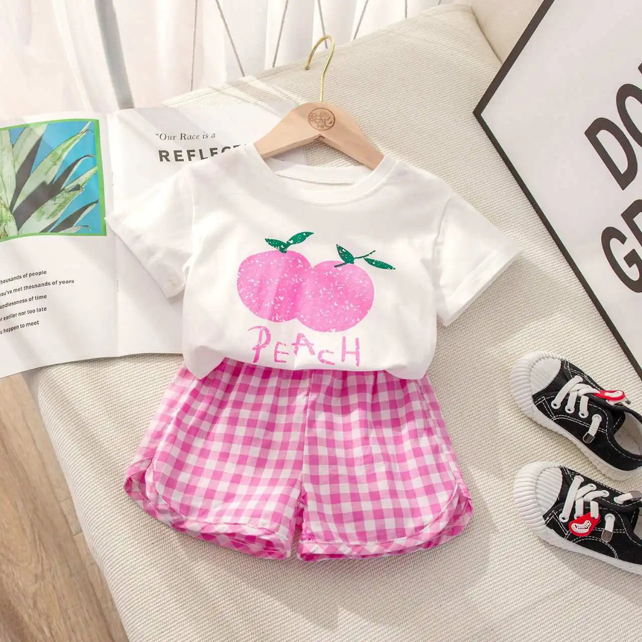 Children's Sets 2-piece Short-sleeved Round Neck Top+plaid Shorts Fruit Lemon Grape Cartoon Design Outer Wear Casual Summer