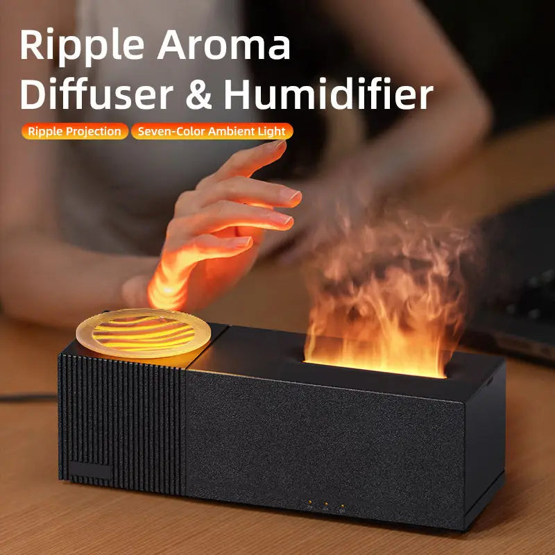 7 Colors Flame Aroma Diffuser with Rippling Water Wave Projector Lamp, 150ml USB Desktop Aromatherapy Air Humidifier for Home