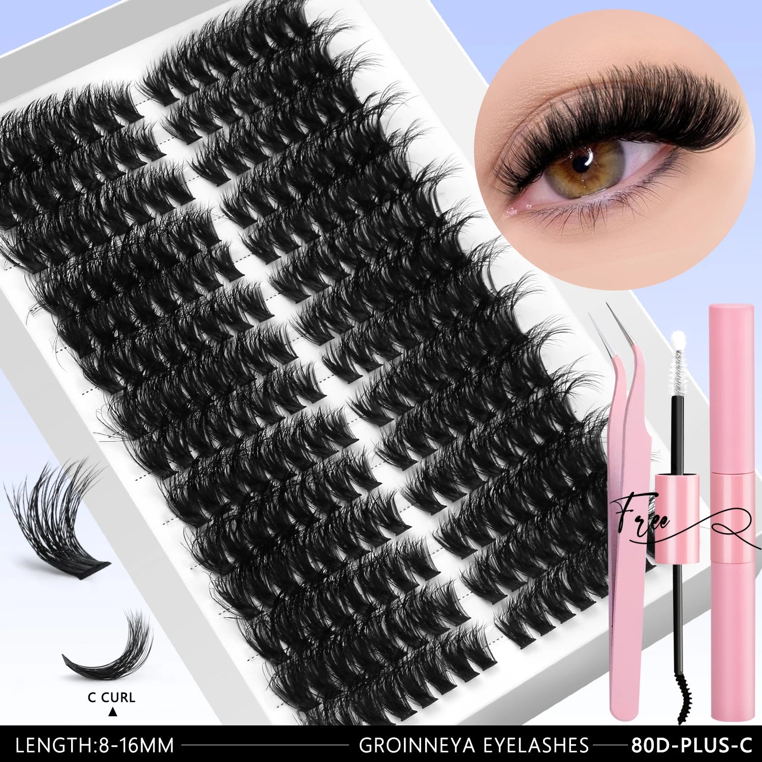 GROINNEYA DIY Eyelashes Lashes Clusters Kit Mix Wispy Individual Lashes Extensions Clusters Lashes Lash Bond & Seal Makeup