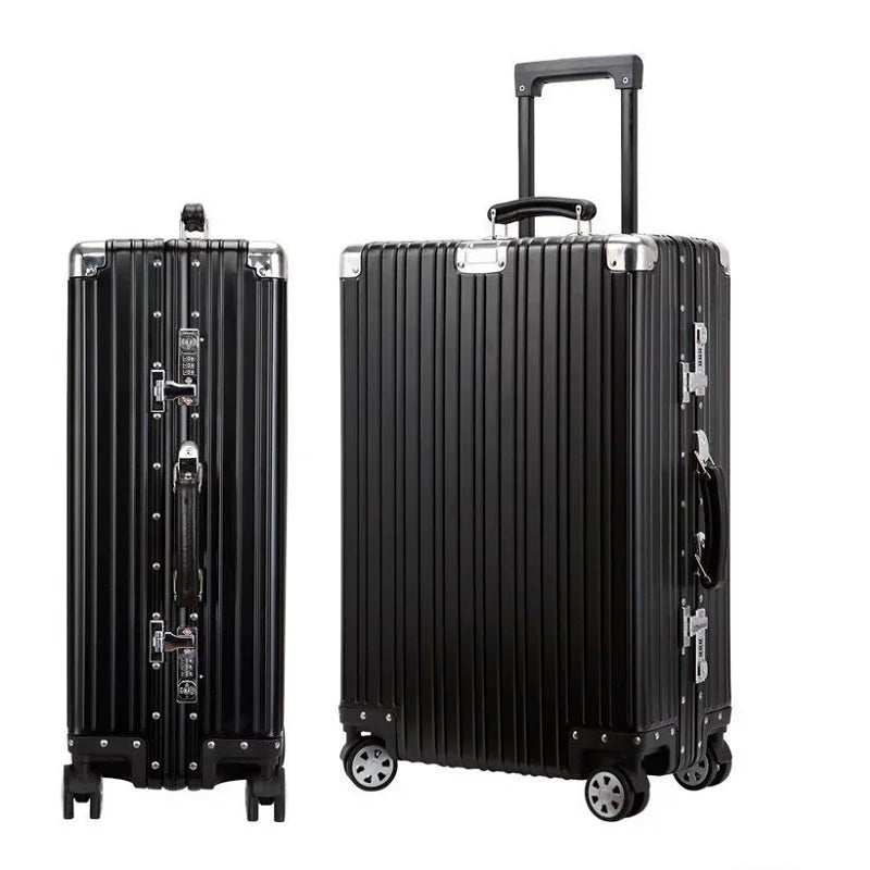 Top Quality Aluminum-Magnesium Alloy Vintage Suitcase, 20/24/26/29 Inch Lightweight Travel Trolley Luggage With Leather Handle