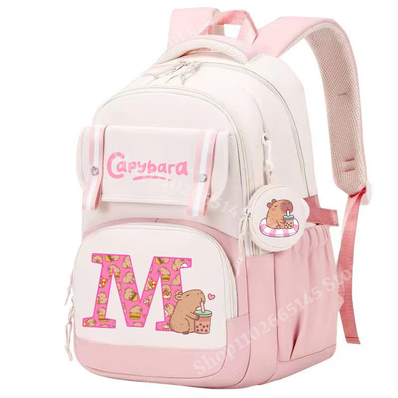 Capibara Cute Backpack Girl Anime Capybara Letter A-Z School Bags Kids Outdoor Sport Shoulders Bag Travel Rucksack Children Gift