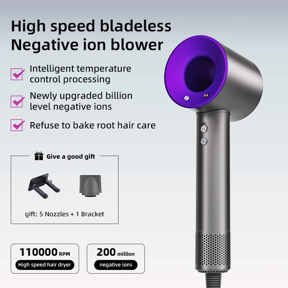 Negative ion hair dryer with high speed and no blades High power silent and quick drying Portable, suitable for home and travel