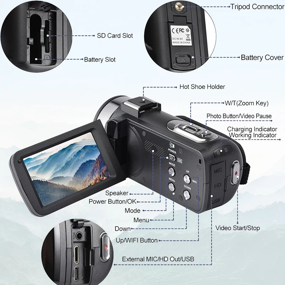 8K Digital Photography Camera 48MP Handheld DV 18X igital Zoom Camera Recorder 3'' LCD Touch Screen Portable Recording Camcorder
