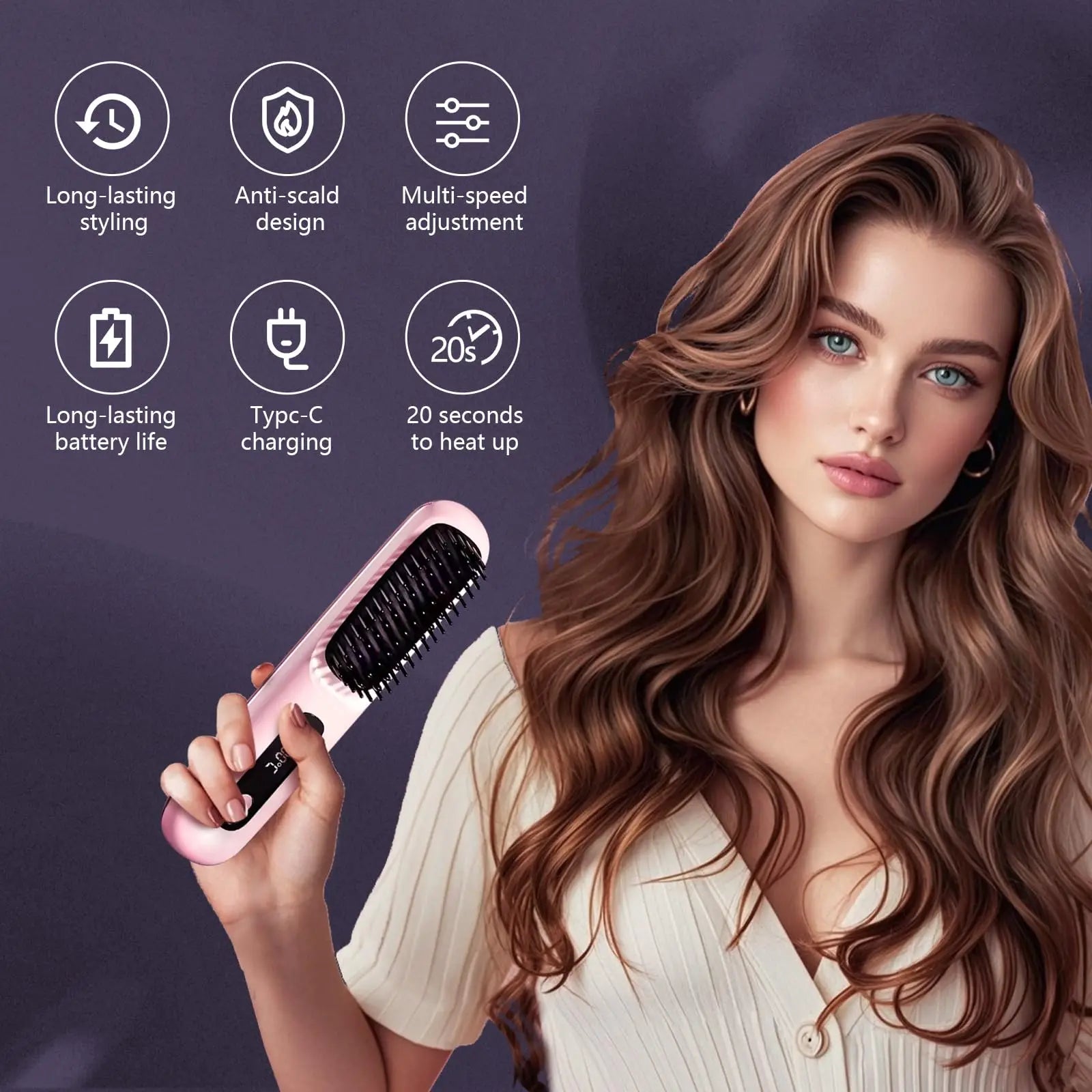 Portable Straightener Brush& Curler 2-in-1– Cordless Comb with Negative Ion,4000mAh Fast Heating&Portable Travel