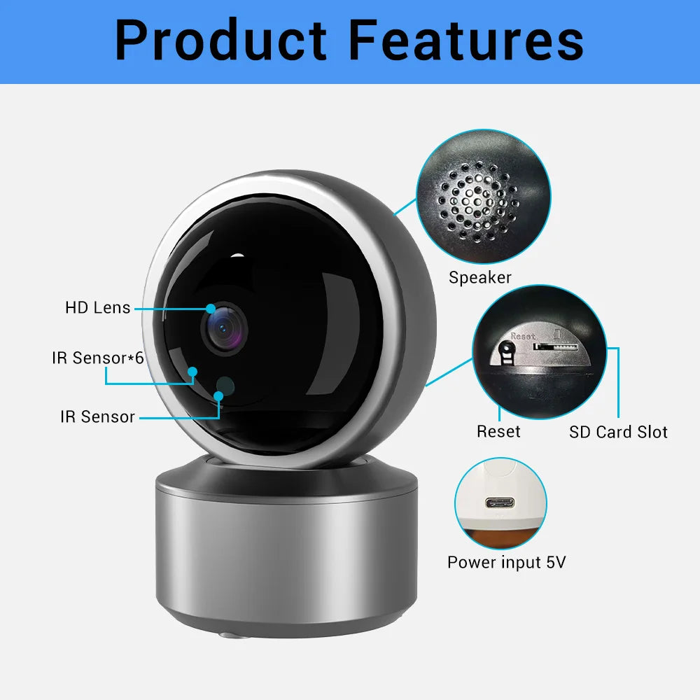 5MP WiFi Baby Monitor Security Camera, Tuya Smart Life APP, 355° PTZ Auto Tracking, IR Night Vision, 2-Way Audio Indoor IP Cam
