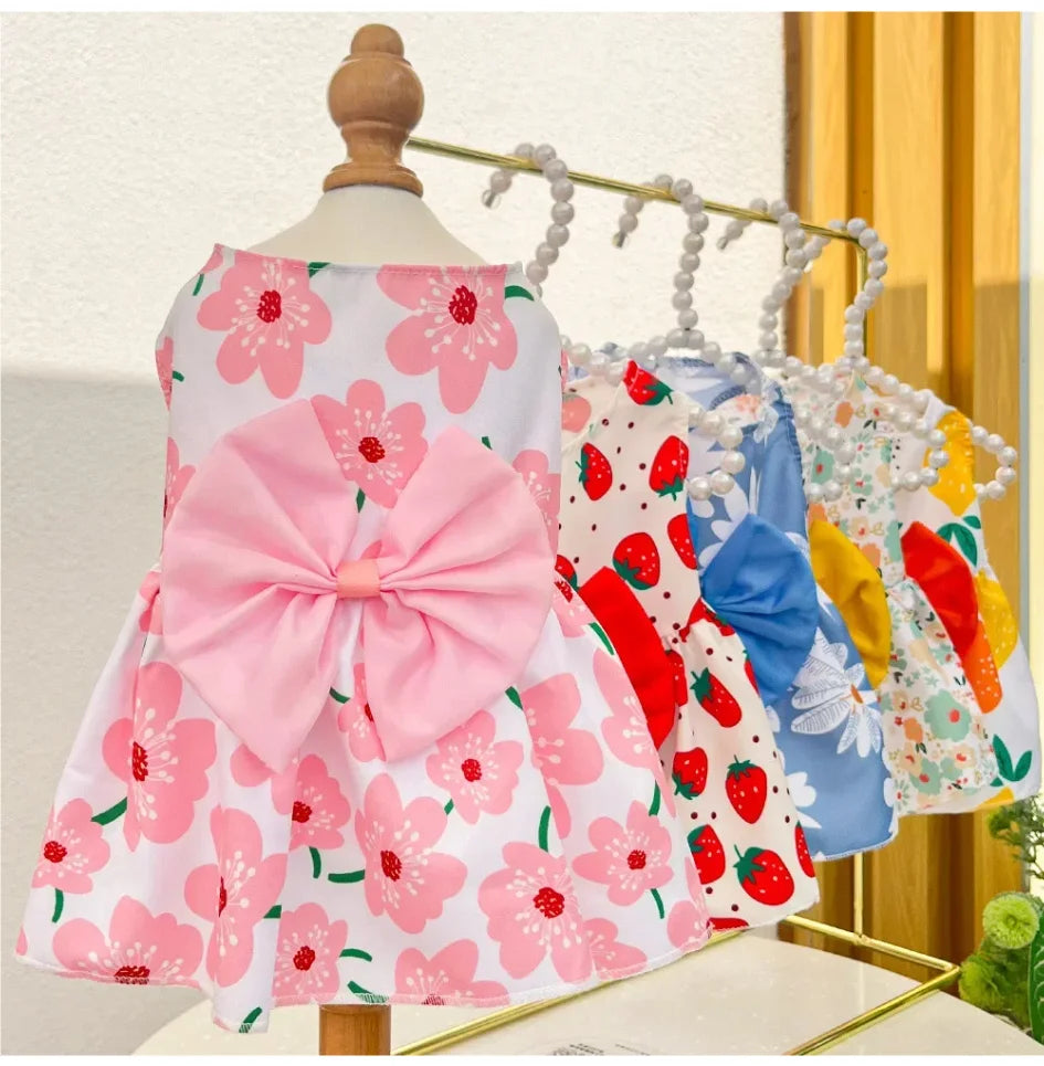 Dog Princess Dress Summer Kitten Pet Skirt Cute Printed Bow Lace Dog Dresses for Small Medium Puppies Poodle Chihuahua Apparel