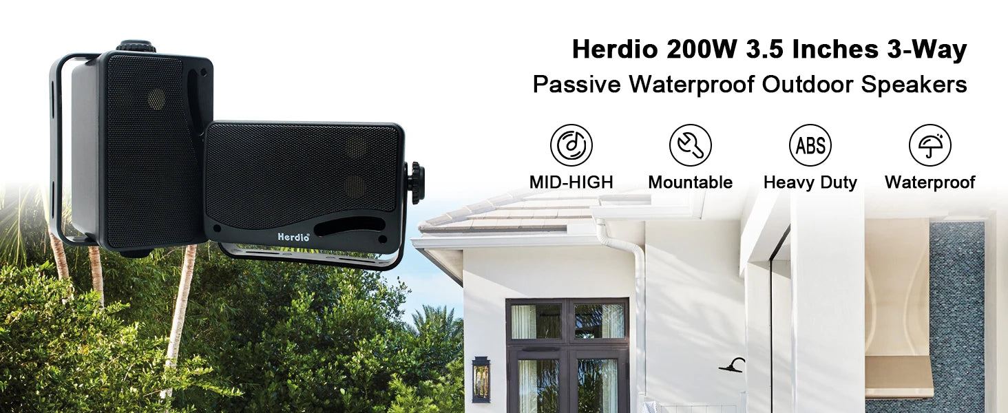 Herdio 3.5‘’ 2PCS Passive Outdoor Speakers Wired Waterproof 200W 3 Way Premium Mountable Wall Mount Speakers With Superior Sound