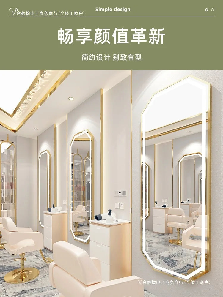 Wall-mounted simple hairdresser floor mirror LED perm and dyeing mirror table touch