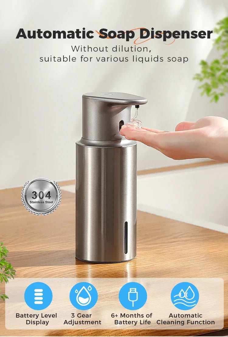 480ml Kitchen Soap Dispenser Automatic Sensor Hand Sanitizer Machine Intelligent Electric Body Wash Soap Dispenser 304 Stainless Steel