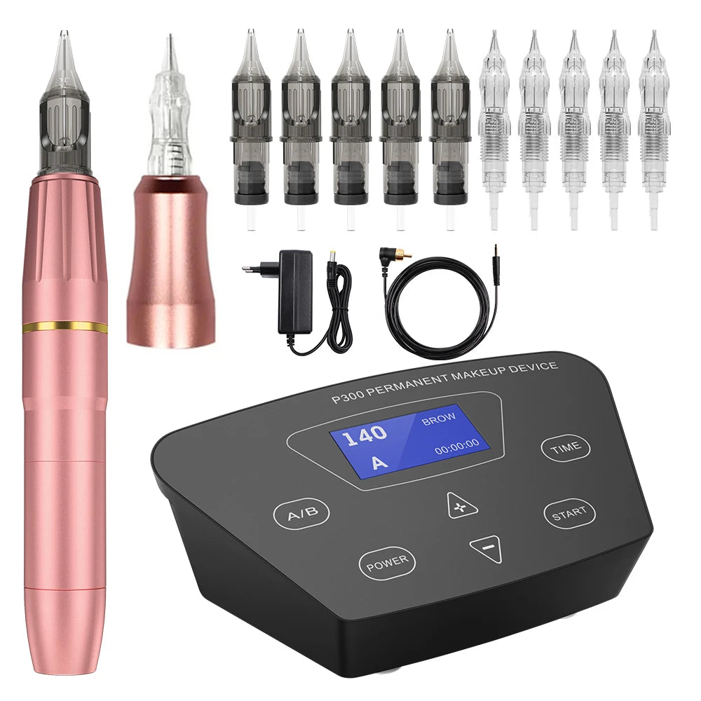 Professional P300 Permanent Makeup Tattoo Machine Kit 2 Heads Microblading Machine For Eyebrow Lip With Tattoo Cartridge Needles