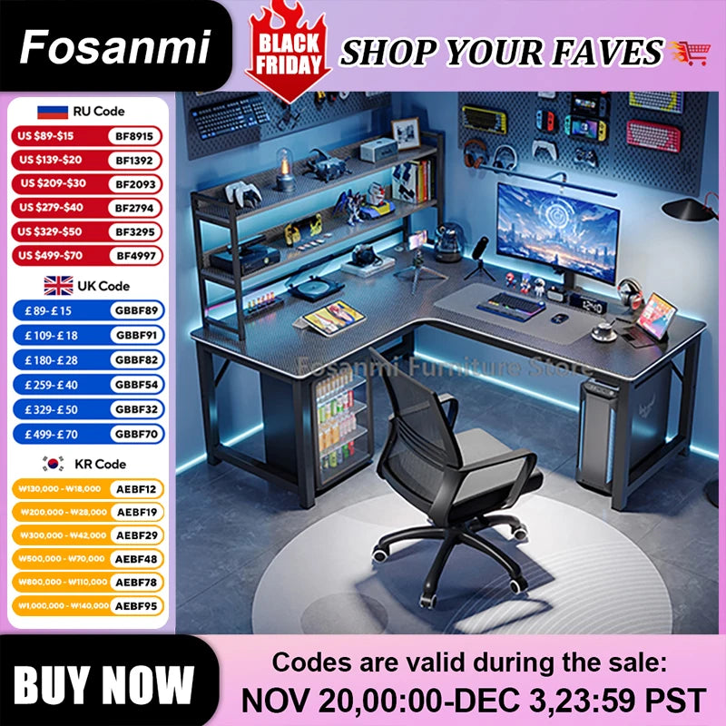 Modern L-Shaped Gaming Work Desk Chair Set Corner PC Table for Room Home Office Computer Desk and Chair Set Furniture with Shelf