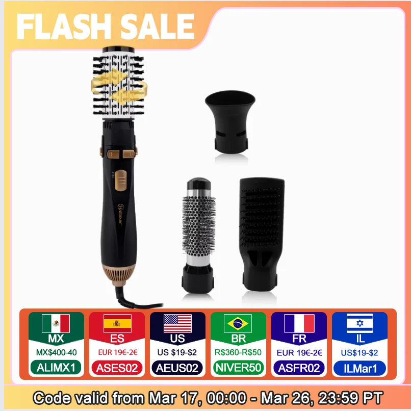 Hatteker Hot Air Brush 4-Head Replaceable Hair Dryer Strong Wind Electric Straightener Roller Curler Comb Blower Styling Tool