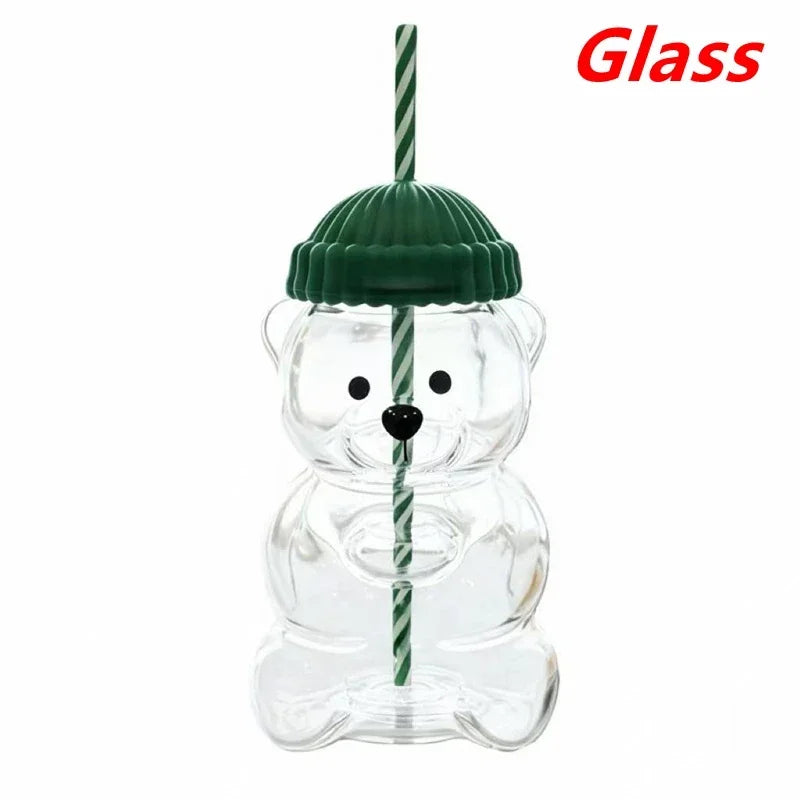 2025New On Sale Bear Shape Plastic Or Glass Cup With Straw Coffee Mug Cute Cartoon Creative Glass Juice Cup Tea Cup Drinkware