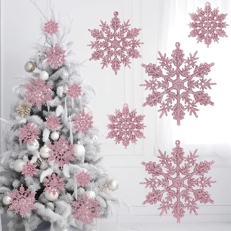6/12/24Pcs Snowflakes for Christmas Tree Decoration Pink Snowflakes With Bright Powder Winter Home New Year Hanging Decoration