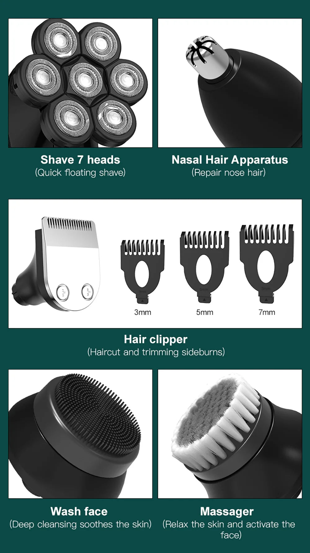 Kensen 5 In 1 Electric Shaver 7D Floating Cutter Head Rechargeable Shaver Kit For Men IPX6 Waterproof Beard Trimmer head shavers